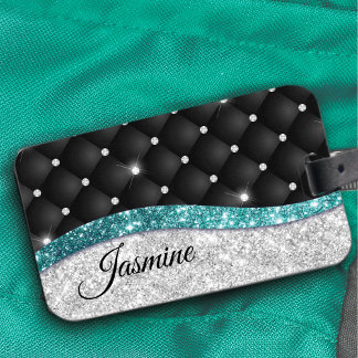 Chic girly faux Silver glitter blauwgroen monogram Bagagelabel