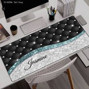 Chic girly faux Silver glitter blauwgroen monogram Bureaumat