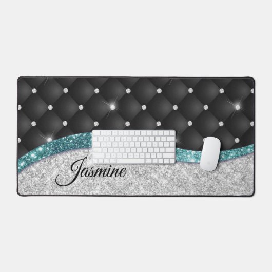 Chic girly faux Silver glitter blauwgroen monogram Bureaumat (Keyboard & Muis)