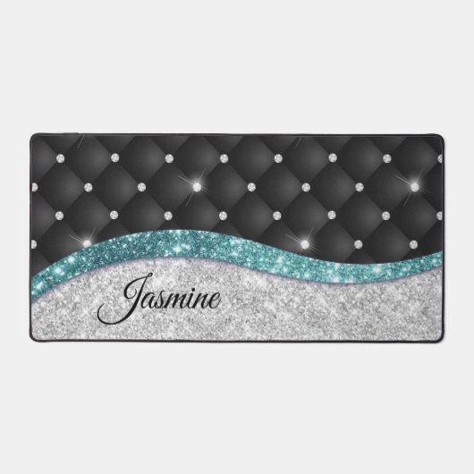 Chic girly faux Silver glitter blauwgroen monogram Bureaumat (Voorkant)