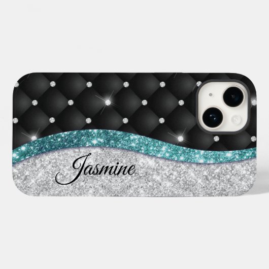 Chic girly faux Silver glitter blauwgroen monogram Case-Mate iPhone Case (Achterkant (horizontaal))