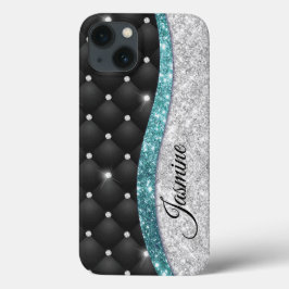 Chic girly faux Silver glitter blauwgroen monogram Case-Mate iPhone Case