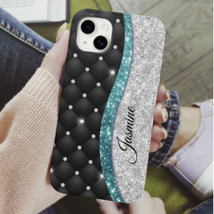 Chic girly faux Silver glitter blauwgroen monogram Case-Mate iPhone 14 Hoesje
