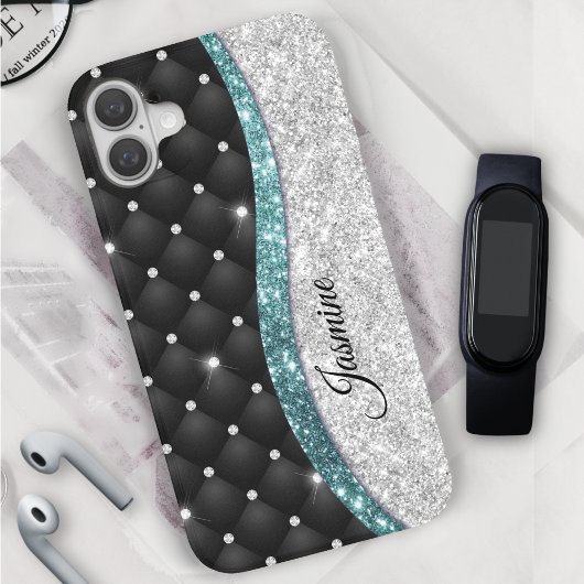 Chic girly faux Silver glitter blauwgroen monogram Case-Mate iPhone Case