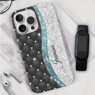 Chic girly faux Silver glitter blauwgroen monogram iPhone 16 Pro Hoesje