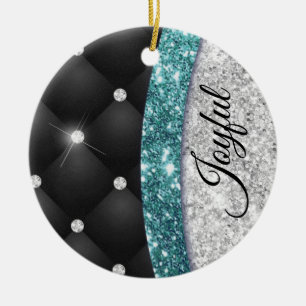 Chic girly faux Silver glitter blauwgroen monogram Keramisch Ornament