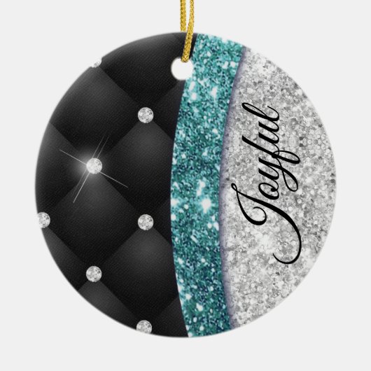 Chic girly faux Silver glitter blauwgroen monogram Keramisch Ornament (Voorkant)