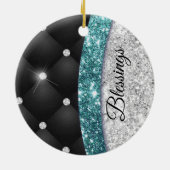 Chic girly faux Silver glitter blauwgroen monogram Keramisch Ornament (Achterkant)