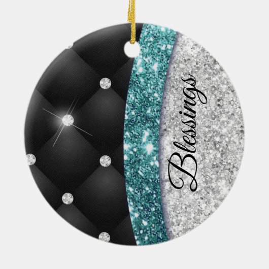 Chic girly faux Silver glitter blauwgroen monogram Keramisch Ornament (Achterkant)