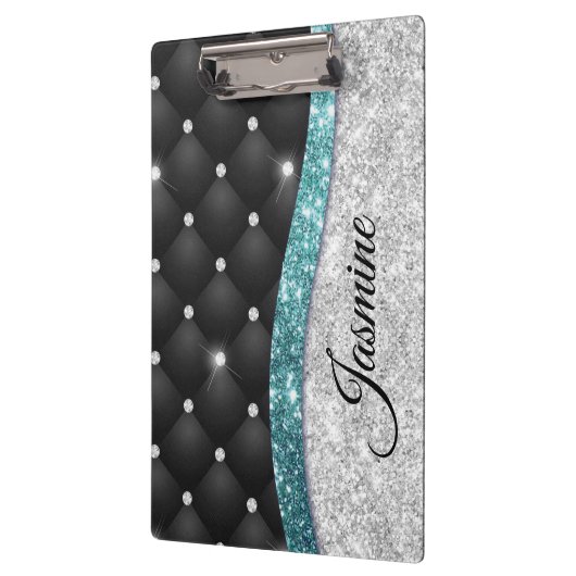 Chic girly faux Silver glitter blauwgroen monogram Klembord (Links)