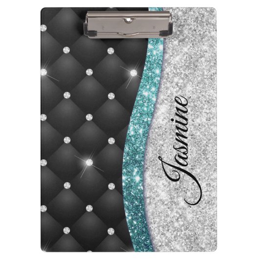 Chic girly faux Silver glitter blauwgroen monogram Klembord (Voorkant)