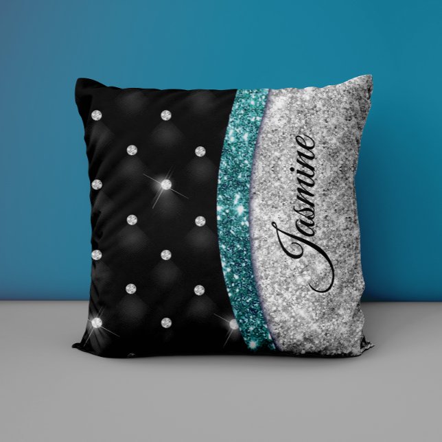 Chic girly faux Silver glitter blauwgroen monogram Kussen (Creator heeft geüpload)