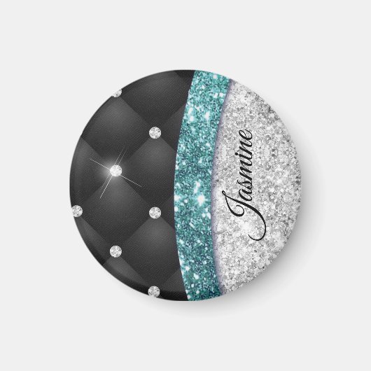 Chic girly faux Silver glitter blauwgroen monogram Magneet (Voorkant)