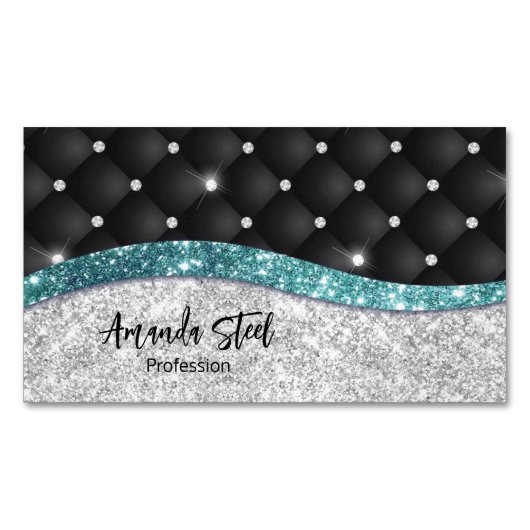 Chic girly faux Silver glitter blauwgroen monogram Magnetisch Visitekaartje (Voorkant)