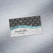 Chic girly faux Silver glitter blauwgroen monogram Magnetisch Visitekaartje (Voorbeeld)