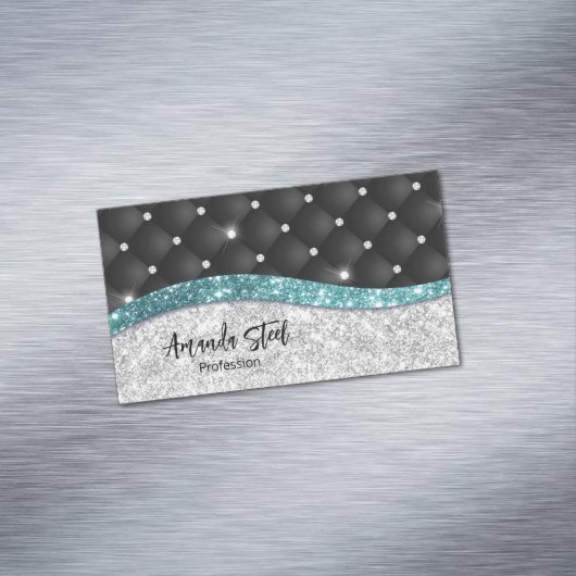 Chic girly faux Silver glitter blauwgroen monogram Magnetisch Visitekaartje (Voorbeeld)
