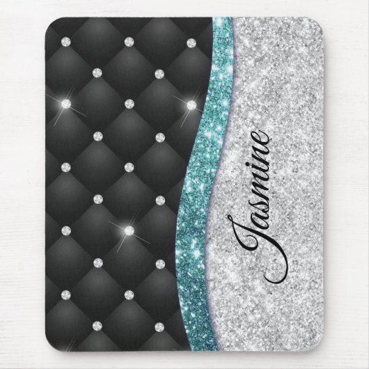 Chic girly faux Silver glitter blauwgroen monogram Muismat (Voorkant)