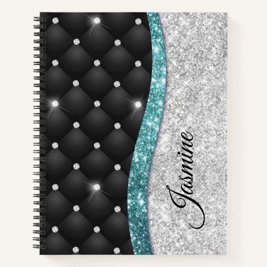 Chic girly faux Silver glitter blauwgroen monogram Notitieboek (Voorkant)