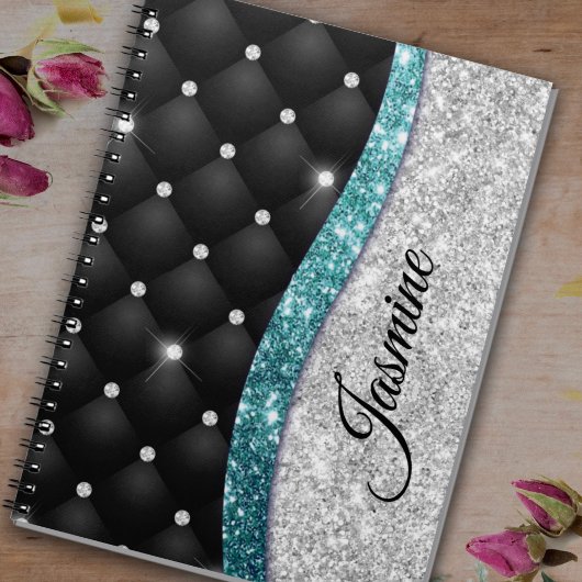 Chic girly faux Silver glitter blauwgroen monogram Notitieboek