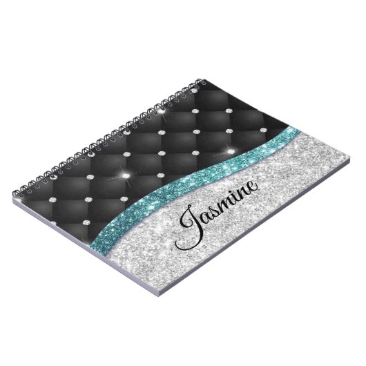 Chic girly faux Silver glitter blauwgroen monogram Notitieboek (Linkerzijde)