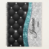 Chic girly faux Silver glitter blauwgroen monogram Planner (Voorkant)