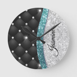 Chic girly faux Silver glitter blauwgroen monogram Ronde Klok