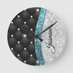 Chic girly faux Silver glitter blauwgroen monogram Ronde Klok