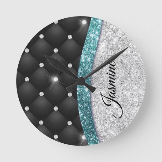 Chic girly faux Silver glitter blauwgroen monogram Ronde Klok (Voorkant)
