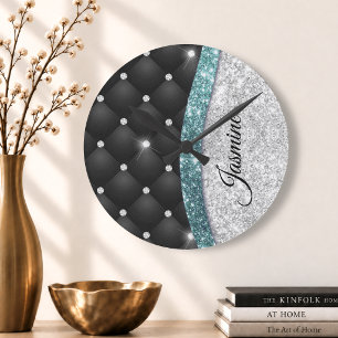 Chic girly faux Silver glitter blauwgroen monogram Ronde Klok