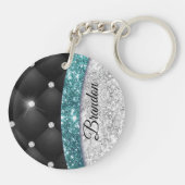 Chic girly faux Silver glitter blauwgroen monogram Sleutelhanger (Achterkant)