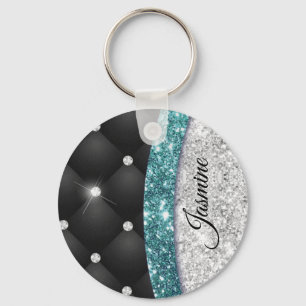 Chic girly faux Silver glitter blauwgroen monogram Sleutelhanger