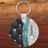 Chic girly faux Silver glitter blauwgroen monogram Sleutelhanger (Voorkant)