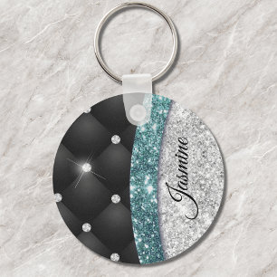 Chic girly faux Silver glitter blauwgroen monogram Sleutelhanger