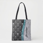 Chic girly faux Silver glitter blauwgroen monogram Tote Bag (Voorkant)