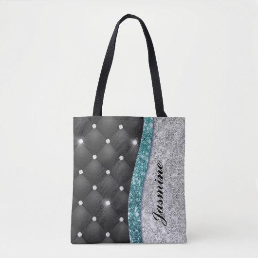 Chic girly faux Silver glitter blauwgroen monogram Tote Bag (Voorkant)