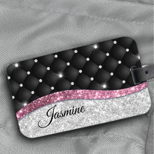 Chic girly faux Silver glitter zwart roze monogram Bagagelabel