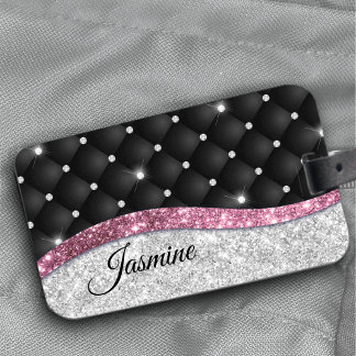 Chic girly faux Silver glitter zwart roze monogram Bagagelabel