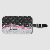 Chic girly faux Silver glitter zwart roze monogram Bagagelabel (Voorkant (horizontaal))