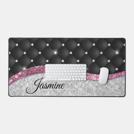 Chic girly faux Silver glitter zwart roze monogram Bureaumat (Keyboard & Muis)