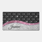 Chic girly faux Silver glitter zwart roze monogram Bureaumat (Voorkant)