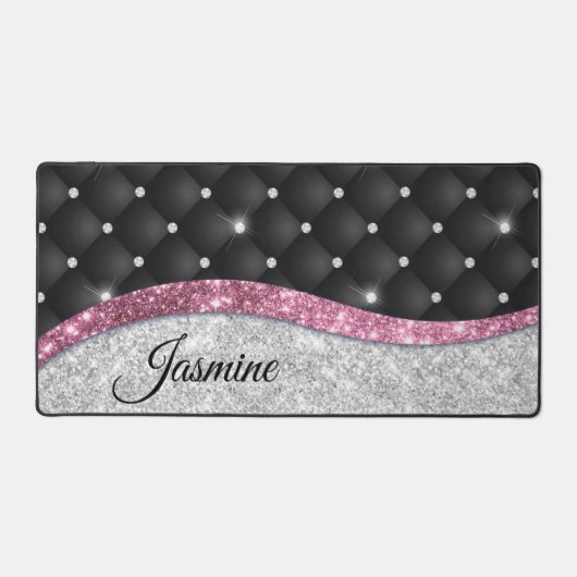 Chic girly faux Silver glitter zwart roze monogram Bureaumat (Voorkant)