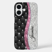Chic girly faux Silver glitter zwart roze monogram Case-Mate iPhone Case (Achterkant)