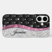 Chic girly faux Silver glitter zwart roze monogram Case-Mate iPhone Case (Achterkant (horizontaal))