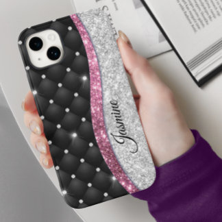 Chic girly faux Silver glitter zwart roze monogram Case-Mate iPhone 14 Hoesje