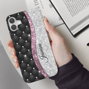 Chic girly faux Silver glitter zwart roze monogram iPhone 16 Hoesje