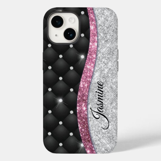 Chic girly faux Silver glitter zwart roze monogram Case-Mate iPhone Case (Achterkant)