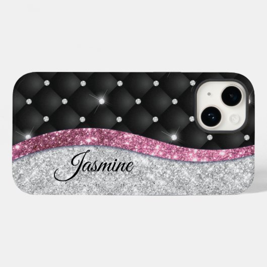 Chic girly faux Silver glitter zwart roze monogram Case-Mate iPhone Case (Achterkant (horizontaal))