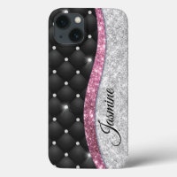 Chic girly faux Silver glitter zwart roze monogram