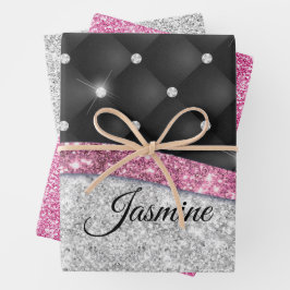 Chic girly faux Silver glitter zwart roze monogram Inpakpapier Vel