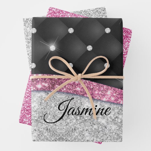Chic girly faux Silver glitter zwart roze monogram Inpakpapier Vel (In situ)